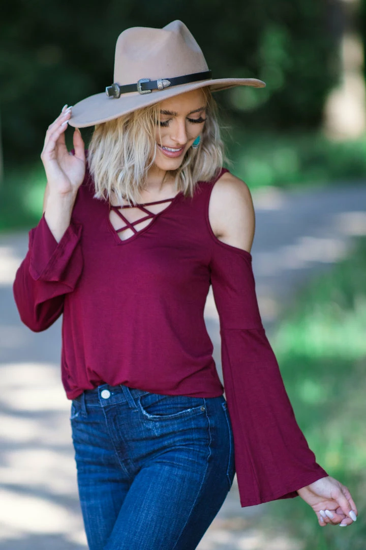 Hailey And Co Burgundy Cold Shoulder Criss-Cross Front Top Tops 4 Hailey And Co Burgundy Cold Shoulder Criss-Cross Front Top Tops