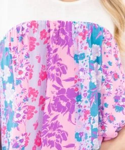 Andree By Unit SHORT SLEEVES Pink And Purple Colorblock Floral Print Top