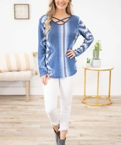 Avery Apparel LONG SLEEVES Dusty Blue Ombre Criss-Cross Front Aztec Top
