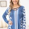 Avery Apparel LONG SLEEVES Dusty Blue Ombre Criss-Cross Front Aztec Top