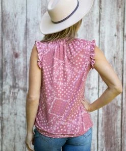 Acting Pro Tops Dusty Rose Ruffle Trim Paisley Patchwork Tank