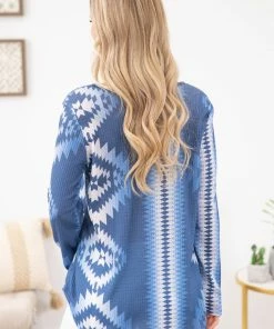 Avery Apparel LONG SLEEVES Dusty Blue Ombre Criss-Cross Front Aztec Top