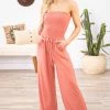 Zenana Coral Smocked Bodice Strapless Jumpsuit Dresses