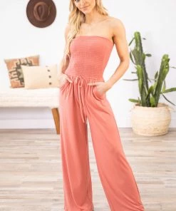 Zenana Coral Smocked Bodice Strapless Jumpsuit Dresses