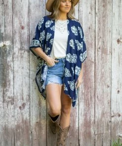 Haptics Navy And Ivory Floral Print Kimono Tops
