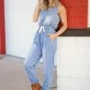 Vanilla Bay Dresses Medium Wash Drawstring Waist Chambray Jumpsuit