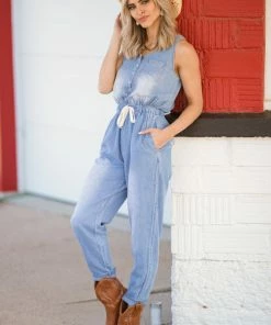 Vanilla Bay Dresses Medium Wash Drawstring Waist Chambray Jumpsuit