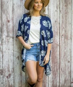 Haptics Navy And Ivory Floral Print Kimono Tops