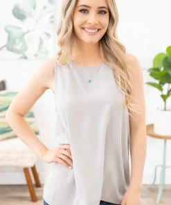 Tres Bien TANK TOPS Grey Textured Woven Tank 9 Tres Bien TANK TOPS Grey Textured Woven Tank