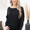 White LONG SLEEVES Black Dolman Sleeve Banded Waist Top