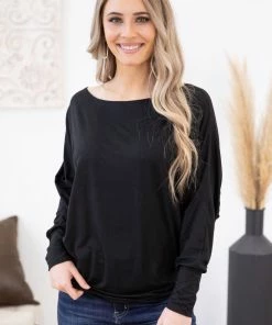 White LONG SLEEVES Black Dolman Sleeve Banded Waist Top