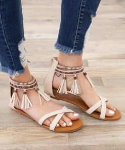 Cheng's Enterprise Beige Tassle And Bead Detail Zip Back Sandal