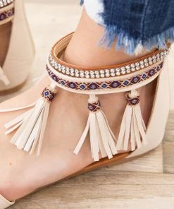 Cheng's Enterprise Beige Tassle And Bead Detail Zip Back Sandal