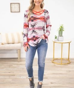 Avery Apparel Pink Multicolor Criss-Cross Front Aztec Top LONG SLEEVES