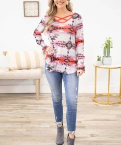 Avery Apparel Pink Multicolor Criss-Cross Front Aztec Top LONG SLEEVES 9 Avery Apparel Pink Multicolor Criss-Cross Front Aztec Top LONG SLEEVES