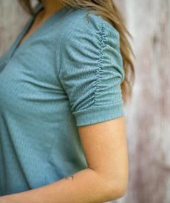 Staccato Slate Blue Swiss Dot Puff Sleeve V-Neck Top Tops