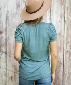 Staccato Slate Blue Swiss Dot Puff Sleeve V-Neck Top Tops