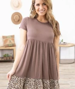 MOA Collection Taupe Babydoll Dress With Animal Print Trim