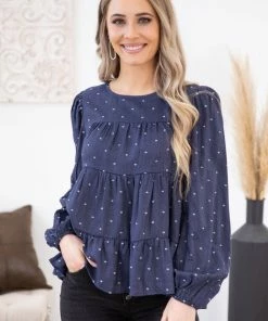 Blu Pepper LONG SLEEVES Dusty Blue Polka Dot Babydoll Long Sleeve Top