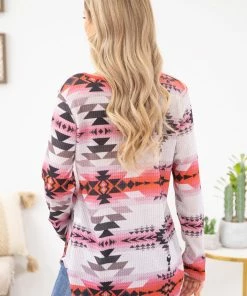 Avery Apparel Pink Multicolor Criss-Cross Front Aztec Top LONG SLEEVES 10 Avery Apparel Pink Multicolor Criss-Cross Front Aztec Top LONG SLEEVES