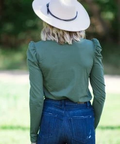 7th Ray Olive Puff Sleeve Top