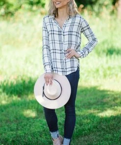 Timing White And Black Plaid Button Up Top