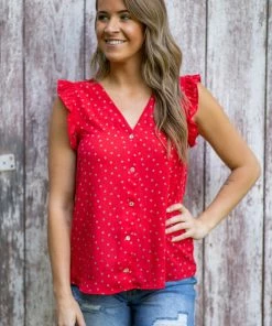 Tua Fashion, INC. Tops Red Abstract Dot Print Button Up Tank