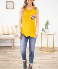 Avery Apparel Mustard Tank With Aztec Print Pocket TANK TOPS
