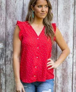 Tua Fashion, INC. Tops Red Abstract Dot Print Button Up Tank