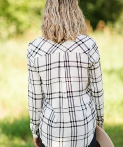 Timing White And Black Plaid Button Up Top