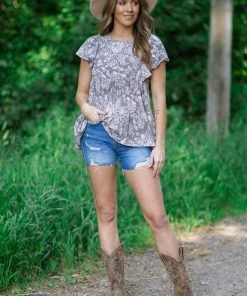 SOL RHR Mocha Floral Flutter Sleeve Babydoll Top Tops