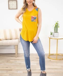 Avery Apparel Mustard Tank With Aztec Print Pocket TANK TOPS