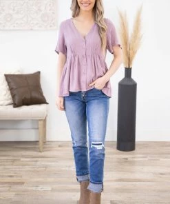 Wish List Mauve Textured Button Up Babydoll Top