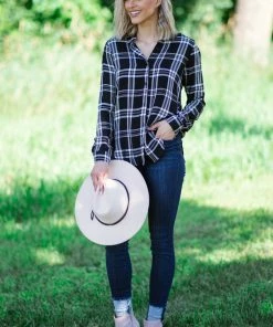 Timing Black And White Plaid Button Up Top