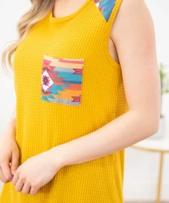 Avery Apparel Mustard Tank With Aztec Print Pocket TANK TOPS