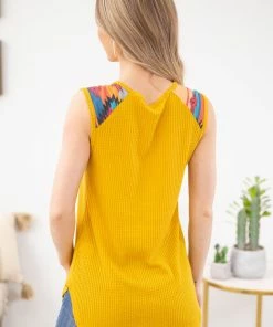 Avery Apparel Mustard Tank With Aztec Print Pocket TANK TOPS