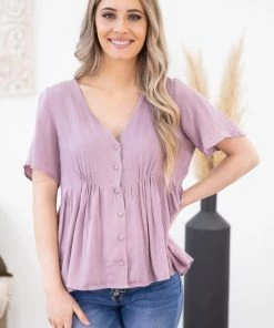 Wish List Mauve Textured Button Up Babydoll Top