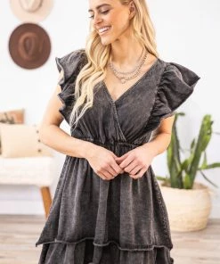 White Birch Charcoal Washed Surplice Ruffle Sleeve Dress Dresses