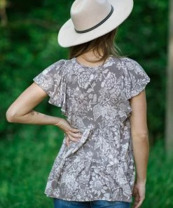 SOL RHR Mocha Floral Flutter Sleeve Babydoll Top Tops