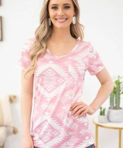 Avery Apparel Pink Aztec Print Top With Crochet Detail SHORT SLEEVES