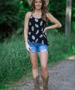 ADORA Black And Green Leaf Print Tank Tops