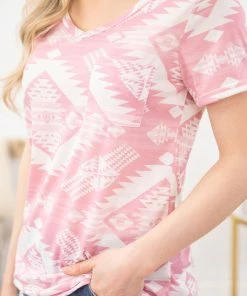 Avery Apparel Pink Aztec Print Top With Crochet Detail SHORT SLEEVES