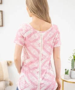 Avery Apparel Pink Aztec Print Top With Crochet Detail SHORT SLEEVES