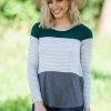 Hailey And Co Emerald Green And Grey Stripe Colorblock Top