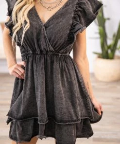 White Birch Charcoal Washed Surplice Ruffle Sleeve Dress Dresses