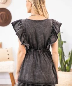 White Birch Charcoal Washed Surplice Ruffle Sleeve Dress Dresses