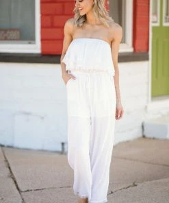 Gilli Off White Fray Hem Strapless Jumpsuit