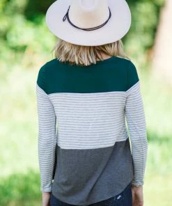 Hailey And Co Emerald Green And Grey Stripe Colorblock Top