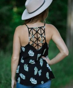 ADORA Black And Green Leaf Print Tank Tops