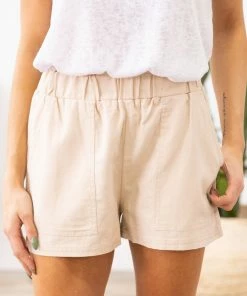 Veracci Beige Elastic Waist Shorts With Pockets Bottoms